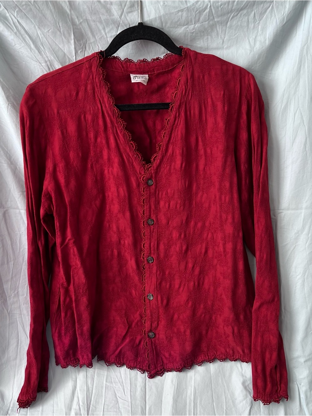 CP Shades Vintage Women's Red Button-Front Lace-Trim Blouse or Cardigan